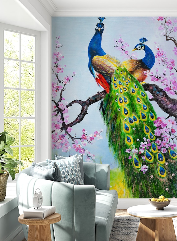Papier peint auto-adhésif 3D animal paon fleurs de magnolia