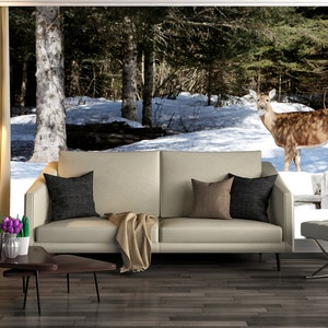 3D Snow Forest Animal Deer R11403 Fondo de pantalla extraíble Fondo de pantalla autoadhesivo Peel & Stick Wallpaper Wallpaper Mural AJ WALLPAPERS
