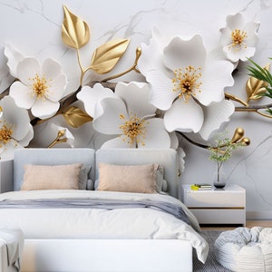 Flores 3D Mármol blanco L1787 Papel pintado removible Papel pintado autoadhesivo Papel pintado extra grande Peel & Stick Papel pintado Mural AJ WALLPAPERS