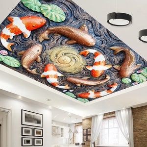 3D Carved Koi Pond CA967 Ceiling Wallpaper Removable Self Adhesive Wallpaper Large Peel & Stick Wallpaper Wallpaper Mural AJ WALLPAPERS