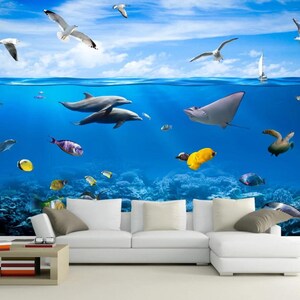 3D Marine leven N109 verwisselbare wallpaper zelf klevende wallpaper extra grote Peel & stick Wallpaper Wallpaper muurschildering AJ WALLPAPERS