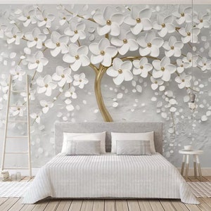 3D witte bloem boom L175 verwisselbare wallpaper zelf klevende wallpaper extra grote Peel & stick Wallpaper Wallpaper muurschildering AJ WALLPAPERS