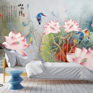 3D Lotus mit Vogel D377 abnehmbare Tapete selbst klebende Tapete Extra große Peel & Stick Wallpaper Wallpaper Wandbild AJ WALLPAPERS