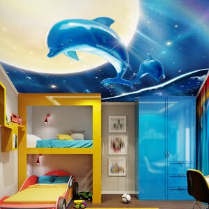 3D Mond und Delfine CA2726 Deckentapete abnehmbare selbstklebende Tapete große Peel & Stick Tapete Tapete Wandbild AJ WALLPAPERS