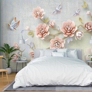 Flores rosadas talladas en 3D L1946 Papel pintado removible Papel pintado autoadhesivo Papel pintado extra grande Peel & Stick Papel pintado Mural AJ WALLPAPERS