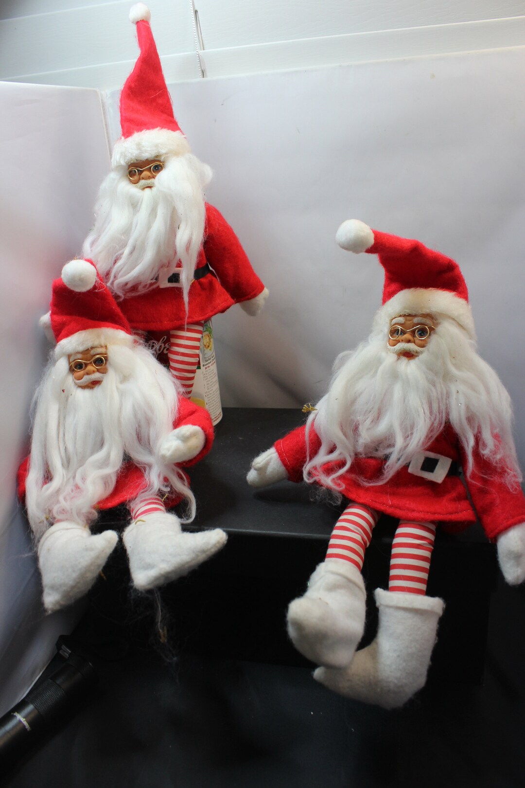 Vintage Santa Claus Elves 3 Red Coat With Glasses Etsy