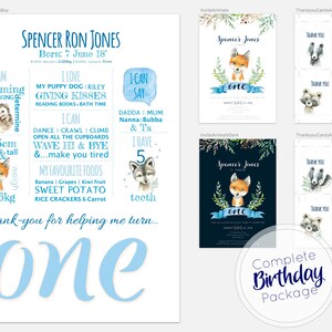 Baby First Birthday Milestone Board, Einladungen, Dankeskarten Printables, Geburtstagspaket, Baby Junge, Waldtiere, Poster
