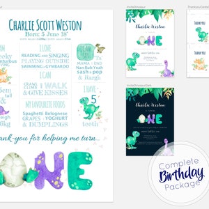 Baby First Birthday Milestone Board, Invitaciones, Tarjetas de agradecimiento Imprimibles, Paquete de cumpleaños, Bebé, Dinosaurio, Póster