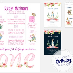 Baby First Birthday Milestone Board, Invitations, Cartes de remerciement Imprimables, Paquet d’anniversaire, Baby Girl, Beatrix Potter, Affiche