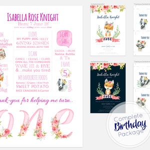 Baby First Birthday Milestone Board, Invitations, Cartes de remerciement Imprimables, Paquet d’anniversaire, Baby Girl, Woodland Animals, Affiche