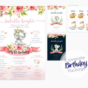 Baby First Birthday Milestone Board, Einladungen, Dankeskarten Printables, Geburtstagspaket, Baby Mädchen, Australische Tiere, Koala, Poster