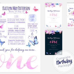 Baby First Birthday Milestone Board, Invitations, Cartes de remerciement Imprimables, Paquet d’anniversaire, Baby Girl, Papillons, Affiche