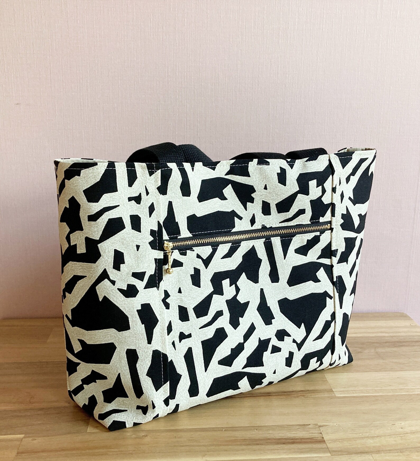 Black and white canvas tote bag with Exterior zipper pocket Etsy