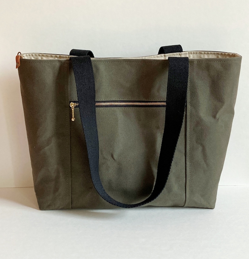 Wax Canvas Tote Bag With Exterior Zipper Pocket Khaki Etsy