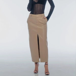 Handmade Lambskin Leather Long Skirt: Made-to-Order, Front Slit