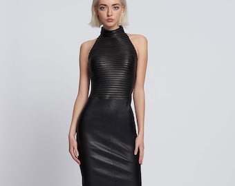 Sleeveless Lambskin Leather Dress: Fitted Party Cocktail Clubwear