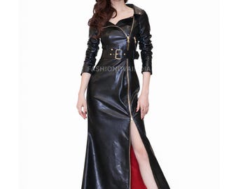 Genuine Lambskin Leather Maxi Dress, Belted Long Sleeve Gown, Tailored Fit, Statement Piece