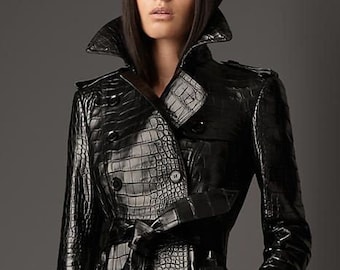 Handmade Women&#39;s Lamb Skin  crocodile embossed  Vintage Leather Dress Coat , Leather Outfit, Leather coat  Genuine Leather dress coat