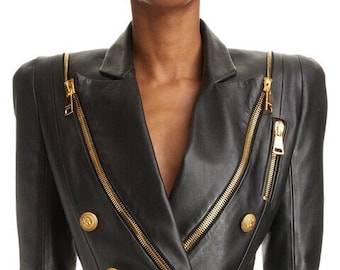 Handmade Women&#39;s Lambskin Leather Celebrity Jacket , Gleaming Zip Hardware Lambskin Leather Biker-Inspired Jacket,  Genuine Leather Jacket