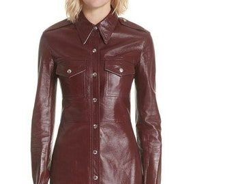 Handmade Lambskin Leather Shirt Dress: Women's Vintage Style