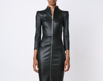 Handmade Women&#39;s Lamb Skin Leather Celebrity Dress , Leather Outfit, Leather dress , Women&#39;s Vintage Leather Dress ,Genuine Leather Dress