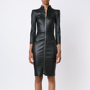Handmade Lambskin Leather Dress: Slim Fit Zip Front Outfit