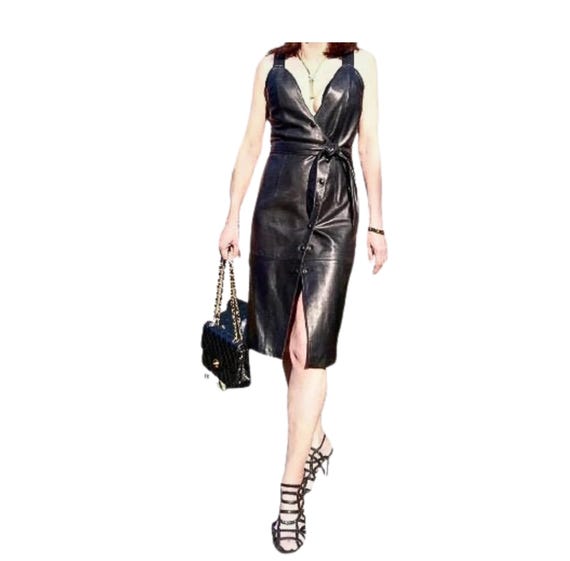 Handmade Lambskin Leather Dress: Vintage Style Tie-Waist Outfit Handmade Lambskin Leather Dress: Vintage Style Tie-Waist Outfit