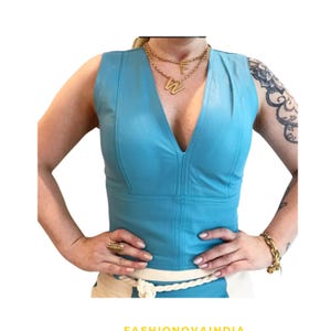 Handmade Lambskin Leather Top: Sleeveless V-Neck Clubwear