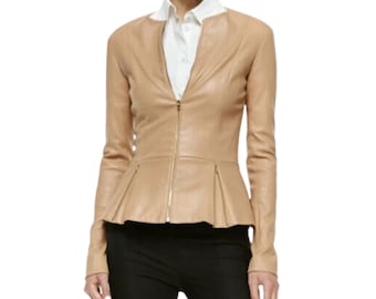 Handmade Women&#39;s Lamb Skin Leather Celebrity Peplum , Leather Outfit, Leather Jacket  Women&#39;s Vintage Leather , Dress Genuine Leather Jacket