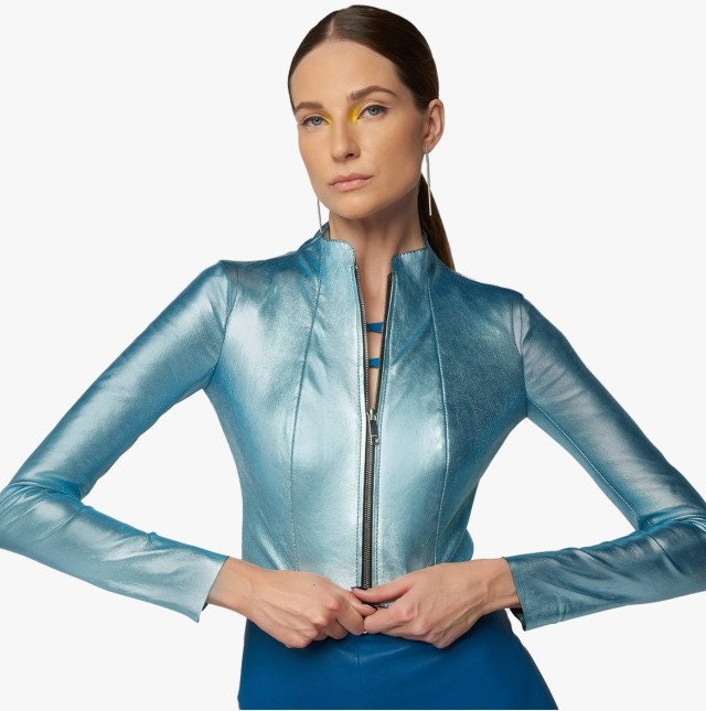 Handmade Women's Lamb Skin Metallic Leather Celebrity Jacket