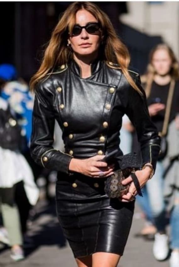 Handmade Lambskin Leather Dress: Women's Military Style Outfit
