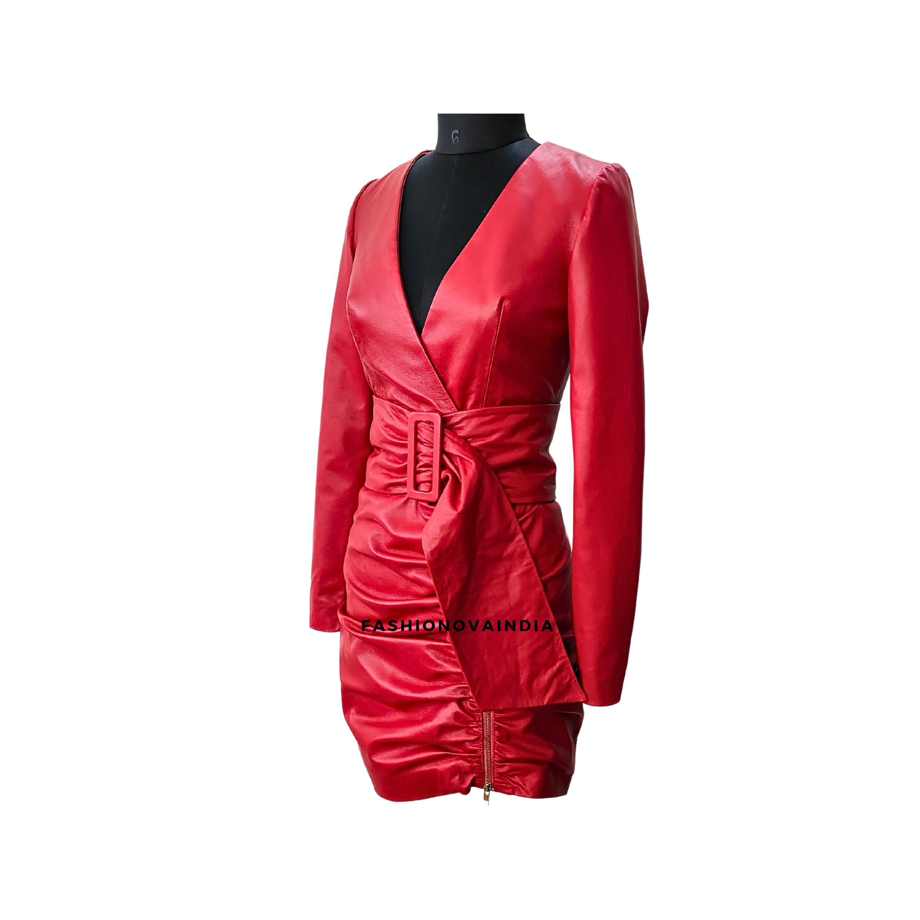 Red Lambskin Leather Mini Wrap Dress: Asymmetrical Ruched Design