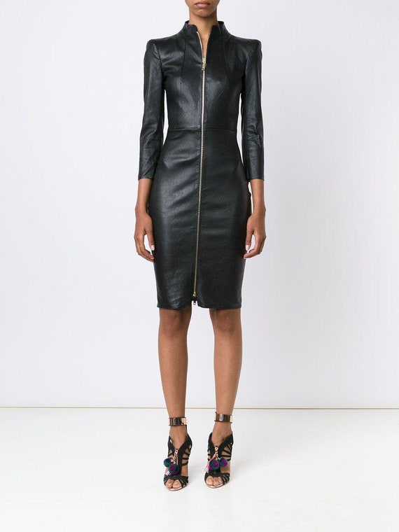 Handmade Lambskin Leather Dress: Slim Fit Zip Front Outfit - Etsy Norway
