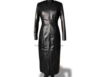 Handmade Lambskin Leather Dress: Long Sleeve V-Neck Slit Gown