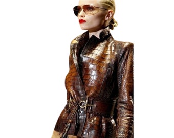 Handmade Women&#39;s Lamb Skin crocodile embossed Leather Celebrity Jacket ,Leather Outfit, Leather Jacket , Women&#39;s Vintage Leather