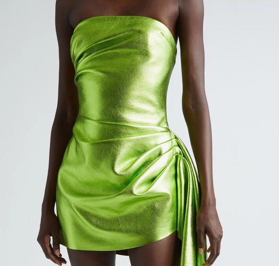 Handmade Women Lambskin Metallic Leather Dress , Made to Measure