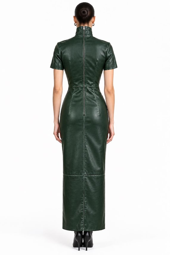 hunter green leather dress Custom Lambskin Dress, Dark Fitted Ankle Length, High Neck Short Sleeve Please note