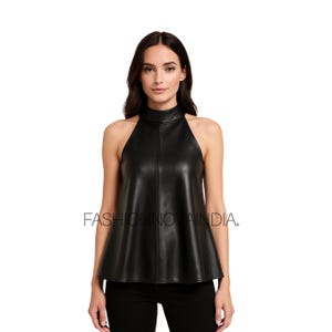 Handmade Women&#39;s Lambskin Leather Halter Top – Flared A-Line Fit, High Neck, Full YKK Back Zipper, Custom Made