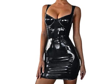 May include: A black sleeveless mini dress made of shiny faux leather. The dress has a sweetheart neckline and a fitted silhouette.