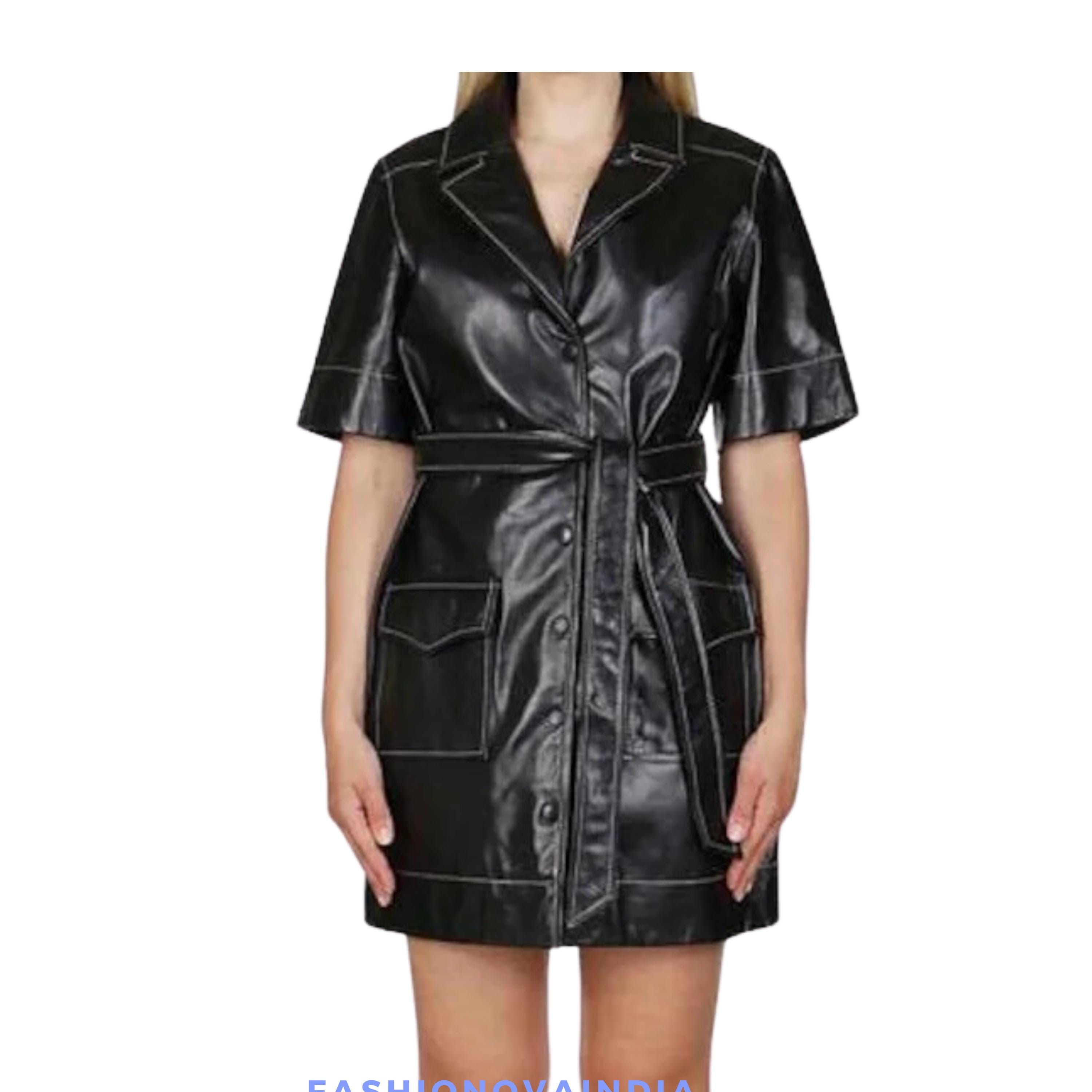 Handmade Lambskin Leather Shirt Dress: White Stitch Detail