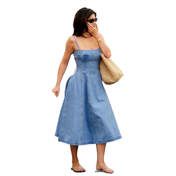 Custom Denim Midi Dress: Stone-Washed A-Line, 90s Style Custom Denim Midi Dress: Stone-Washed A-Line, 90s Style