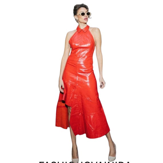 knee length dresses for ladies Faux Leather Halter Neckline Mini Dress Black / M main image 0