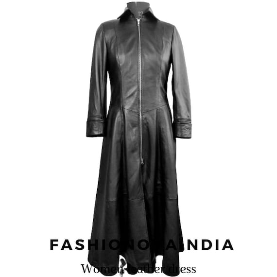 Handmade Lambskin Leather Coat Dress: Long Genuine Leather Outfit Handmade Lambskin Leather Coat Dress: Long Genuine Leather Outfit