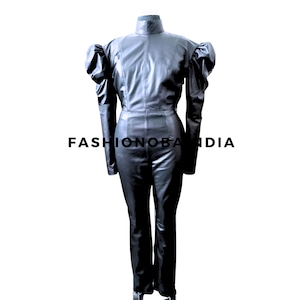 Handmade Women&#39;s Lamb Skin Leather puff sleeve jumpsuit  , soft  Leather jumpsuit , Women&#39;s Vintage Leather puff sleeve jumpsuit