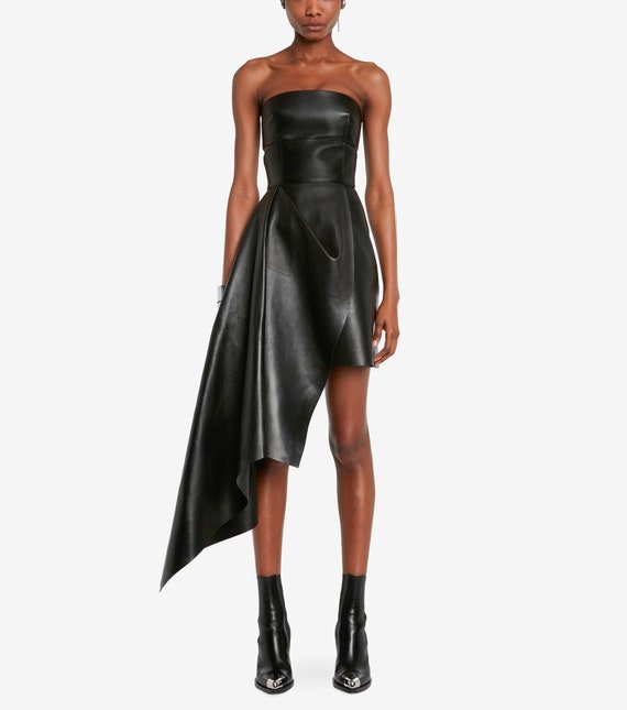 Handmade Lambskin Leather Fit & Flare Dress: Mid-Calf Length