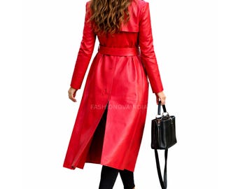 Genuine Lambskin Leather Trench Coat Women | Belted Long Leather
