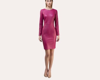 May include: A long-sleeved, pink leather dress with a fitted silhouette.