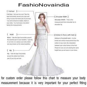 May include: Diagram showing how to measure different parts of the body for custom clothing orders. The diagram shows a woman wearing a white dress with measurements labeled for full bust, waist, hip, shoulder width, and hollow to floor.