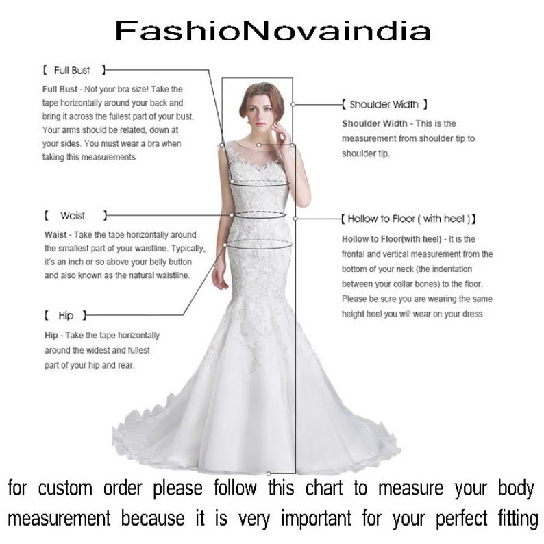 May include: Diagram showing how to measure different parts of the body for custom clothing orders. The diagram shows a woman wearing a white dress with measurements labeled for full bust, waist, hip, shoulder width, and hollow to floor.