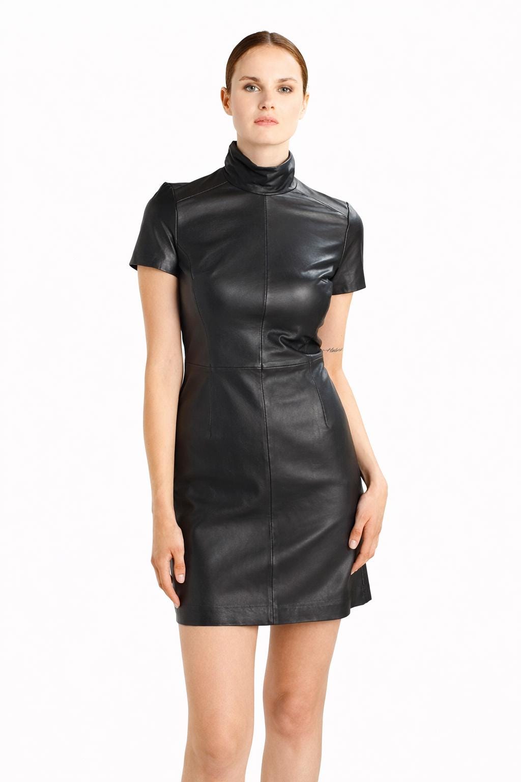 knee length dresses for ladies Helmut Lang Turtleneck Long-Sleeve Paneled Leather Dress, Brown, Women's, 6